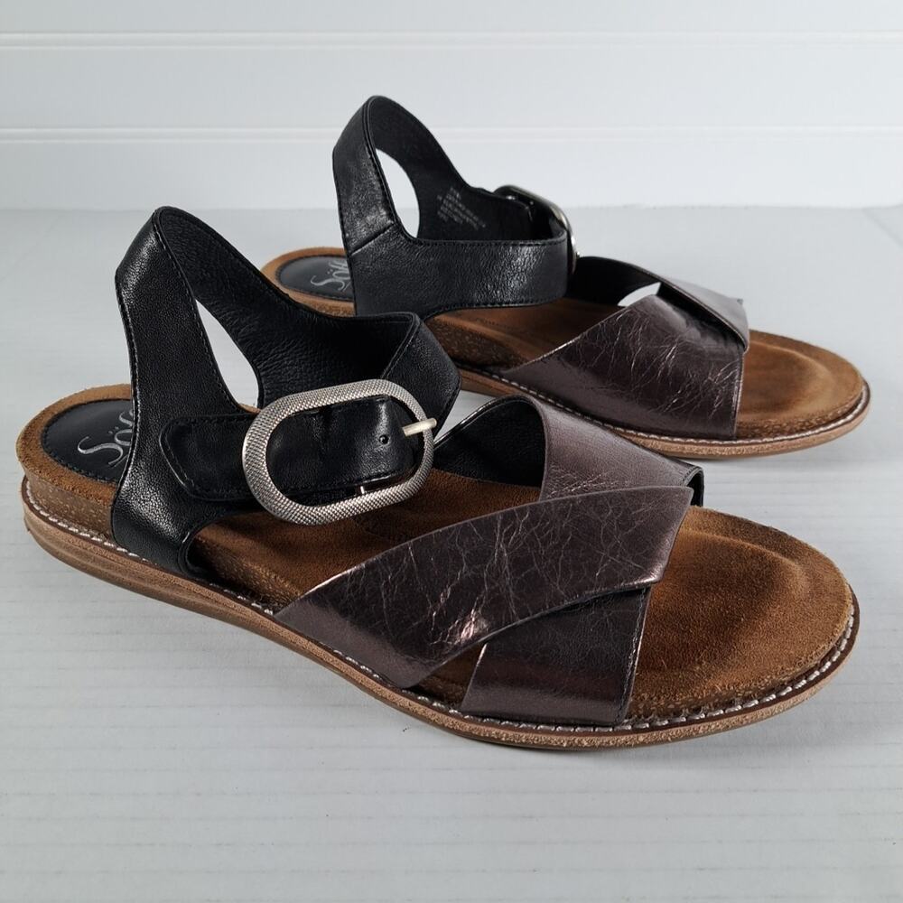 Sofft Bayo Strappy Sandals Womens 8 Black Pewter Leather Open Toe Luxe Comfort